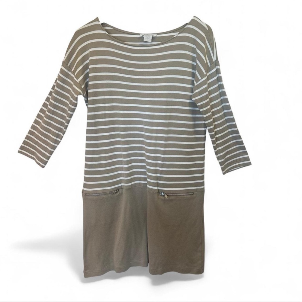 Joan Vass Tan and White Striped Pocketed Tunic Dress Medium